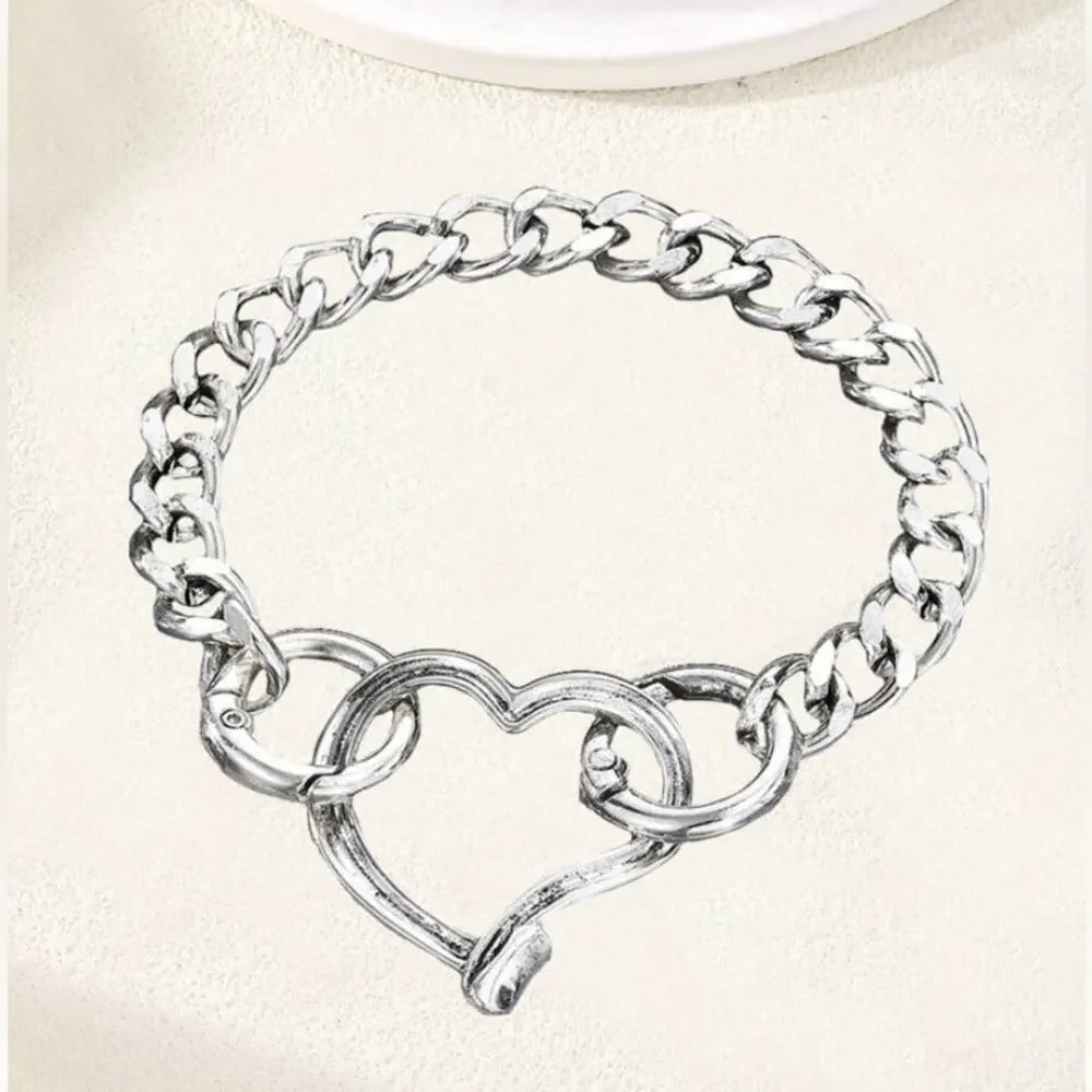 Stainless Steel Heart Bracelet Chain Link Boho Hammered Statement Piece